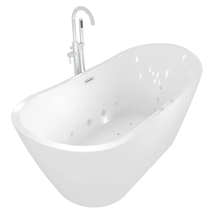 AcquaVapore Freistehende Badewanne Fertigdusche F23-180-AF02 - Acryl, Weiß - Weiße freistehende Whirlpool-Badewanne mit bodenstehender Chromarmatur und Handbrause.