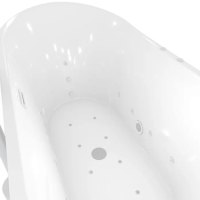 AcquaVapore Freistehende Badewanne Fertigdusche F23-180-AF02 - Acryl, Weiß - Weiße Acryl-Whirlpool-Badewanne mit mehreren Hydro- und Luftdüsen sowie einem zentralen Abfluss.
