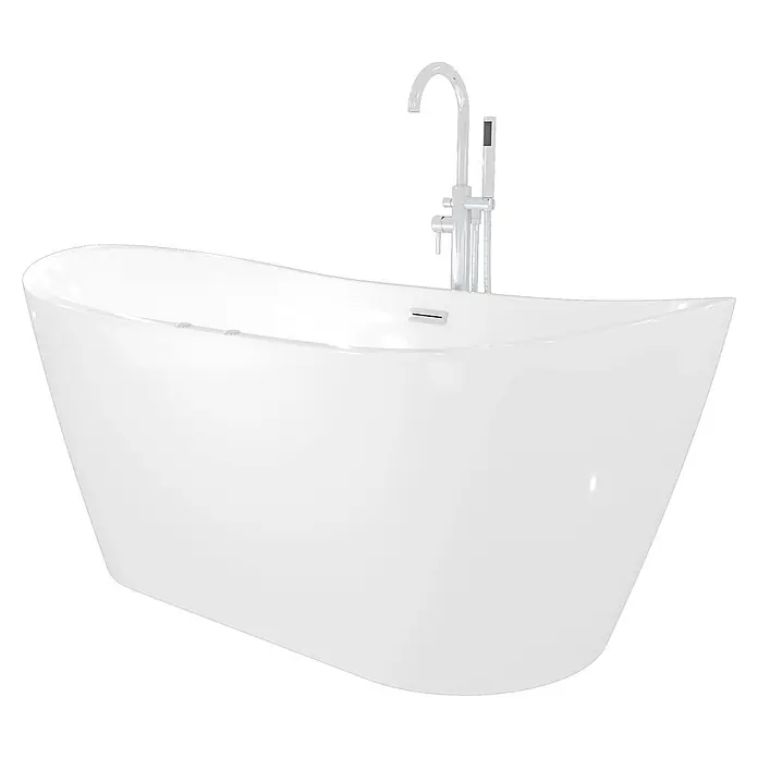 AcquaVapore Freistehende Badewanne Fertigdusche F23-180-AF02 - Acryl, Weiß - Weiße freistehende Badewanne mit verchromter Bodenarmatur und Handbrause.