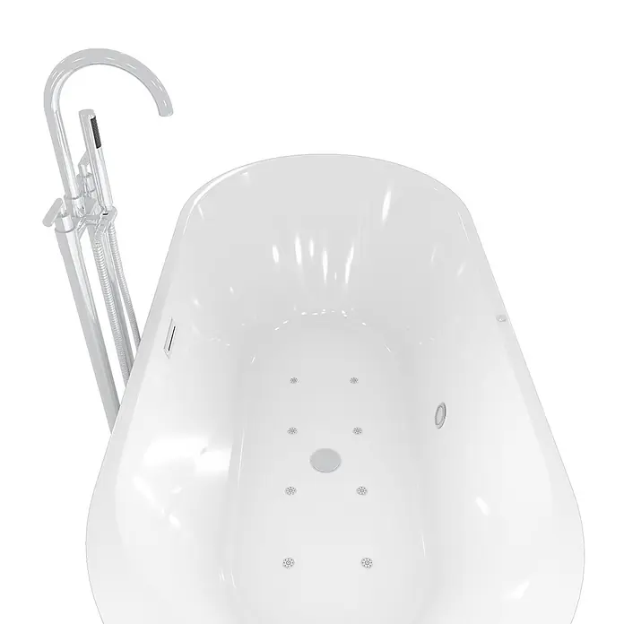 AcquaVapore Freistehende Badewanne Fertigdusche F16-170-AF03 - Acryl, Weiß - Weiße freistehende Badewanne mit Hydromassagedüsen und einer bodenmontierten Chromarmatur.