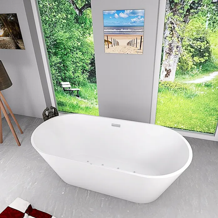 AcquaVapore Freistehende Badewanne Fertigdusche F11-170 - Acryl, Weiß - Weiße freistehende Badewanne mit Hydromassagedüsen in einem modernen Badezimmer.