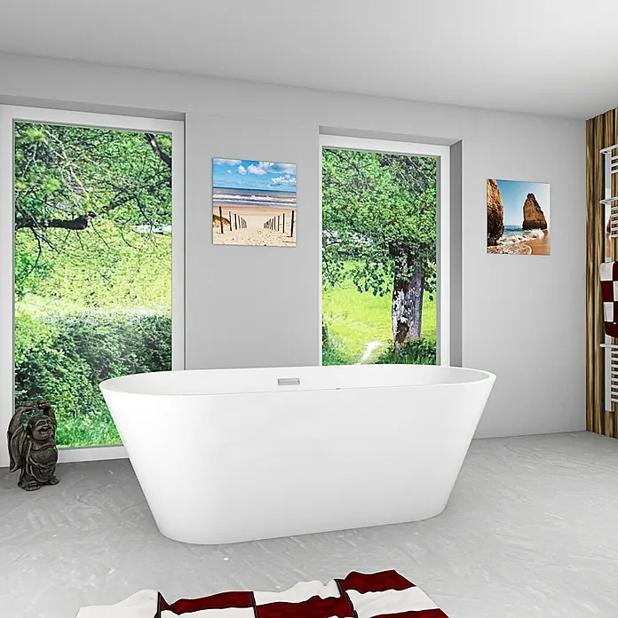AcquaVapore Freistehende Badewanne Fertigdusche F11-170 - Acryl, Weiß - Weiße freistehende Badewanne in einem modernen Badezimmer.