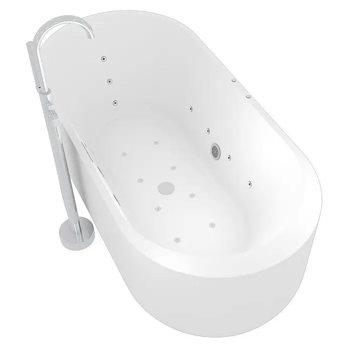 AcquaVapore Freistehende Badewanne Fertigdusche F26-170-AF02 - Acryl, Weiß - Weiße freistehende Badewanne mit bodenstehender Duscharmatur und Hydromassagedüsen.