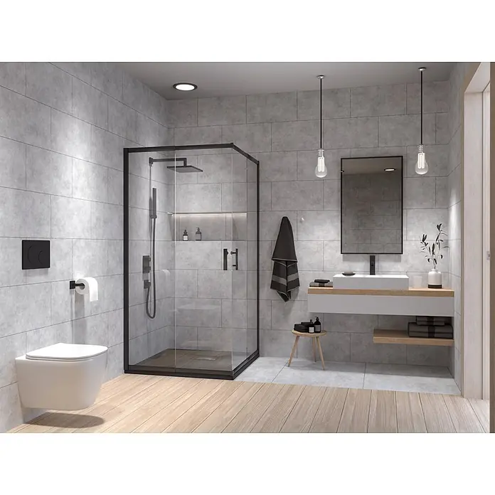 Bad Land Eckdusche - 80 x 80 x 190 cm, Beschichtet, Schwarz, Stärke: 6 mm - Modernes, grau gefliestes Badezimmer mit begehbarer Dusche, wandhängendem WC und schwebendem Waschtisch mit weißem Becken.