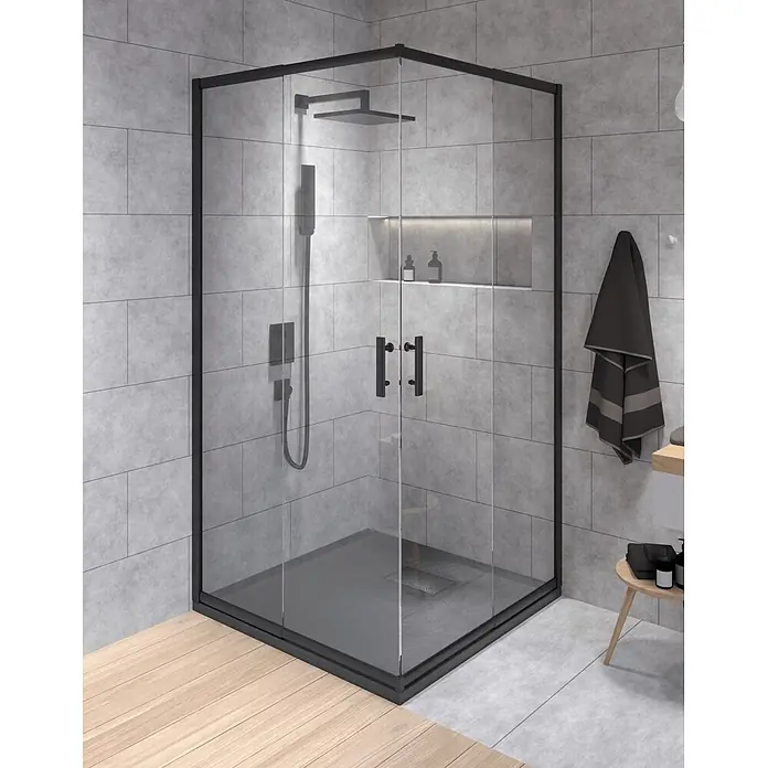 Bad Land Eckdusche - 80 x 80 x 190 cm, Beschichtet, Schwarz, Stärke: 6 mm - Moderne Eckduschkabine mit schwarzem Rahmen, Klarglastüren und dunkler Duschwanne.