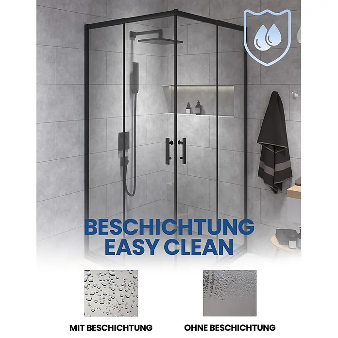 Bad Land Eckdusche - 80 x 80 x 190 cm, Beschichtet, Schwarz, Stärke: 6 mm - Schwarze Duschkabine mit Easy-Clean-Beschichtung in einem modernen Badezimmer.
