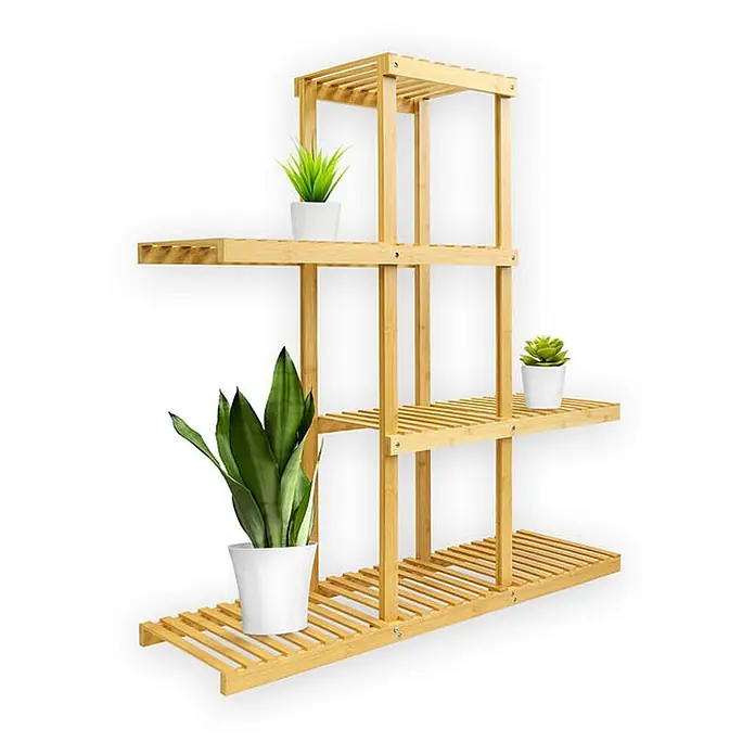 Floordirekt Holzregal Bambus Zaria - H x B x T: 125 x 63 x 32 cm, Anzahl Böden: 4 Stk., Schrauben, Bambus - Helles Holz-Pflanzenregal mit mehreren Ebenen und Lattenrosten.