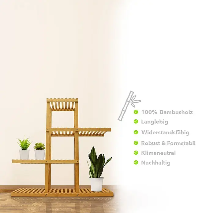 Floordirekt Holzregal Bambus Zaria - H x B x T: 125 x 63 x 32 cm, Anzahl Böden: 4 Stk., Schrauben, Bambus - Mehrstufiger Pflanzenständer aus natürlichem Bambusholz mit Lamellen-Design, mit Topfpflanzen.
