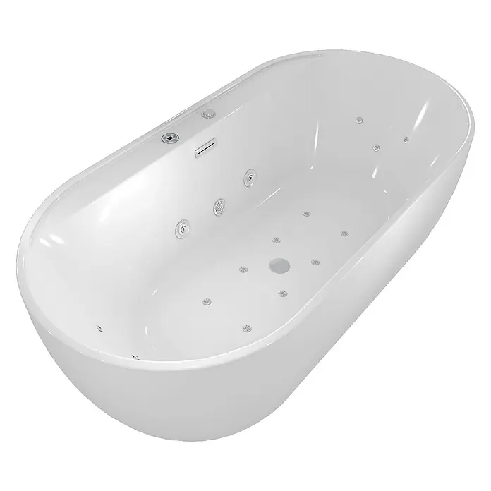 AcquaVapore Freistehende Badewanne Fertigdusche F29-180 - Acryl, Weiß - Weiße freistehende Badewanne mit Hydro-Massage-Düsen und einem zentralen Abfluss.