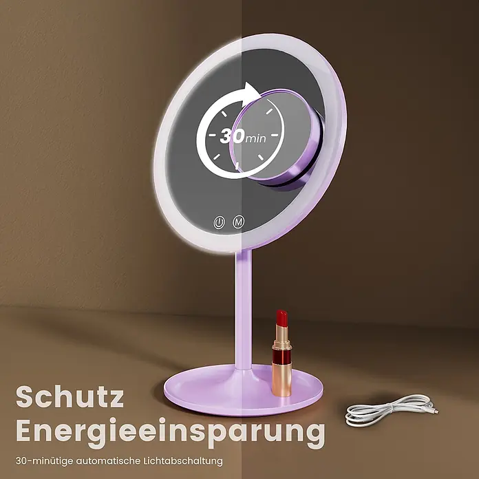Emke Kosmetikspiegel CM03 - 20 x 35 cm, Rund, Violett - Lila beleuchteter Schminkspiegel mit 30-Minuten-Auto-Off-Timer-Grafik, auf brauner Oberfläche mit Lippenstift und Ladekabel.