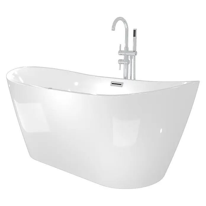 AcquaVapore Freistehende Badewanne Fertigdusche F13-180-AF04 - Acryl, Weiß - Weiße freistehende Badewanne mit geschwungenem Design, ausgestattet mit einer freistehenden Chromarmatur und Handbrause.