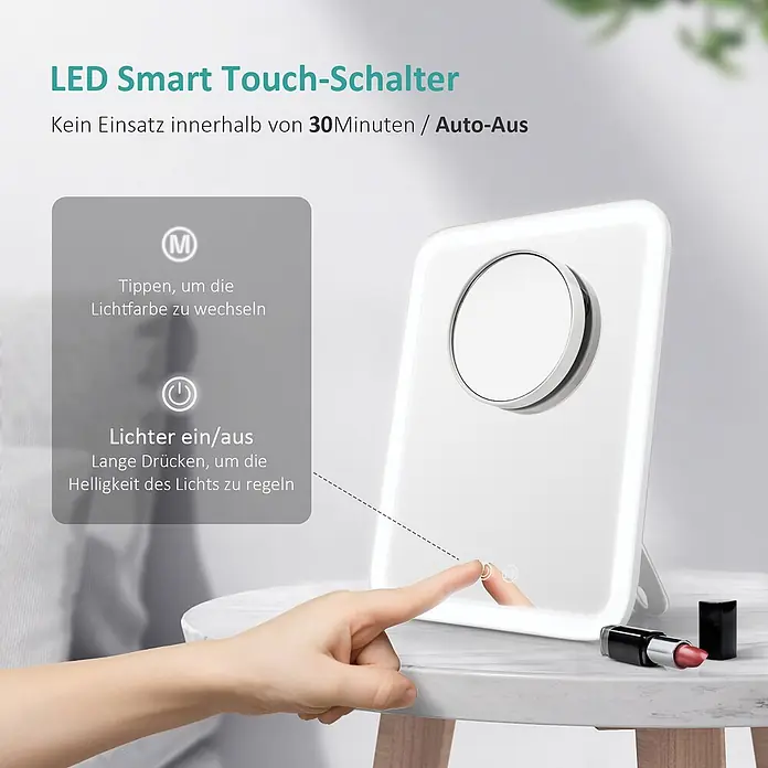 Emke Kosmetikspiegel CM03 - Rechteckig, Weiß - Weißer LED Smart Touch Spiegel mit Vergrößerungsspiegel, eine Hand bedient die Touch-Bedienelemente für Licht und Farbe.