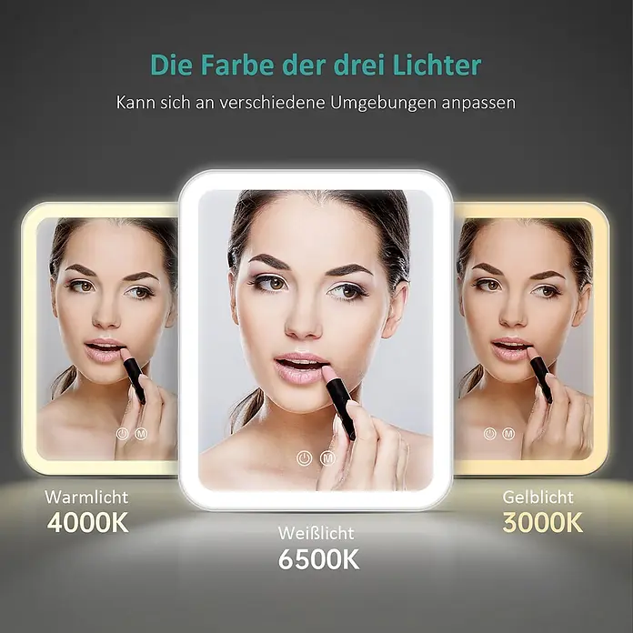 Emke Kosmetikspiegel CM03 - Rechteckig, Weiß - Drei beleuchtete Spiegel zeigen warmweißes (4000K), kaltweißes (6500K) und gelbes (3000K) Licht, demonstriert von einer Frau beim Lippenstiftauftrag.