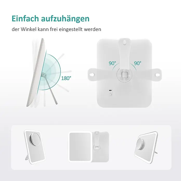 Emke Kosmetikspiegel CM03 - Rechteckig, Weiß - Weißer rechteckiger LED-Spiegel mit um 180° neigbarem Standfuß und 180° schwenkbarer Wandhalterung für flexible Ausrichtung.