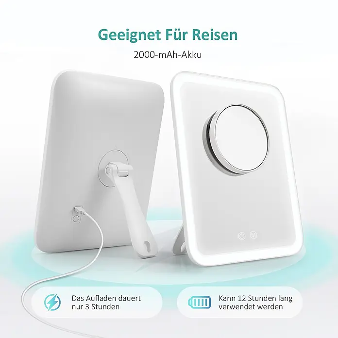 Emke Kosmetikspiegel CM03 - Rechteckig, Weiß - Ein weißer, rechteckiger, tragbarer beleuchteter Schminkspiegel mit Standfuß, von hinten beim Laden und von vorne beleuchtet gezeigt.