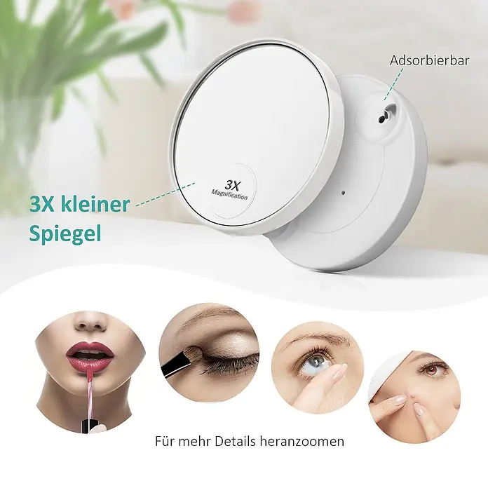Emke Kosmetikspiegel CM03 - Rechteckig, Weiß - Weißer 3x Vergrößerungsspiegel mit Saugnapf, gezeigt mit Beispielen für detaillierte Schönheitsaufgaben.