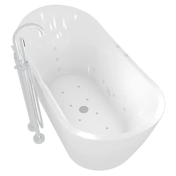AcquaVapore Freistehende Badewanne Fertigdusche F23-180-AF03 - Acryl, Weiß - Weiße freistehende Badewanne mit Hydromassagedüsen und einer bodenstehenden Chromarmatur mit Handbrause.