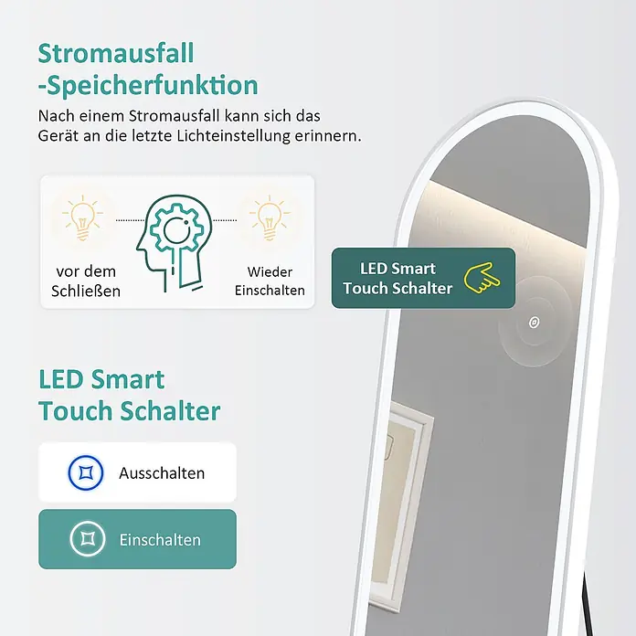 Emke Standspiegel FM06 - Glas - Weißer LED-Spiegel mit Smart-Touch-Schalter und Stromausfall-Speicherfunktion, zeigt Lichteinstellungen.