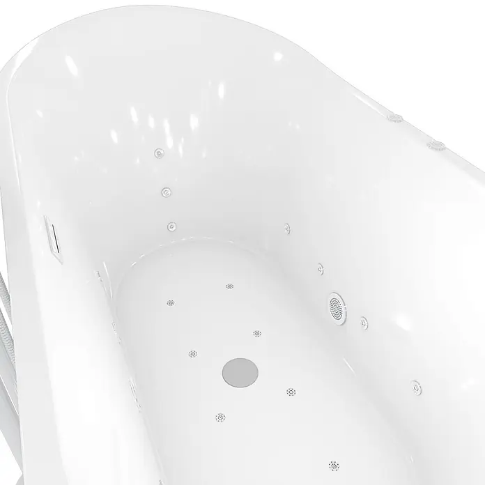 AcquaVapore Freistehende Badewanne Fertigdusche F23-180-AF03 - Acryl, Weiß - Innenansicht einer weißen Whirlpool-Badewanne mit mehreren Hydromassagedüsen und Ablauf.