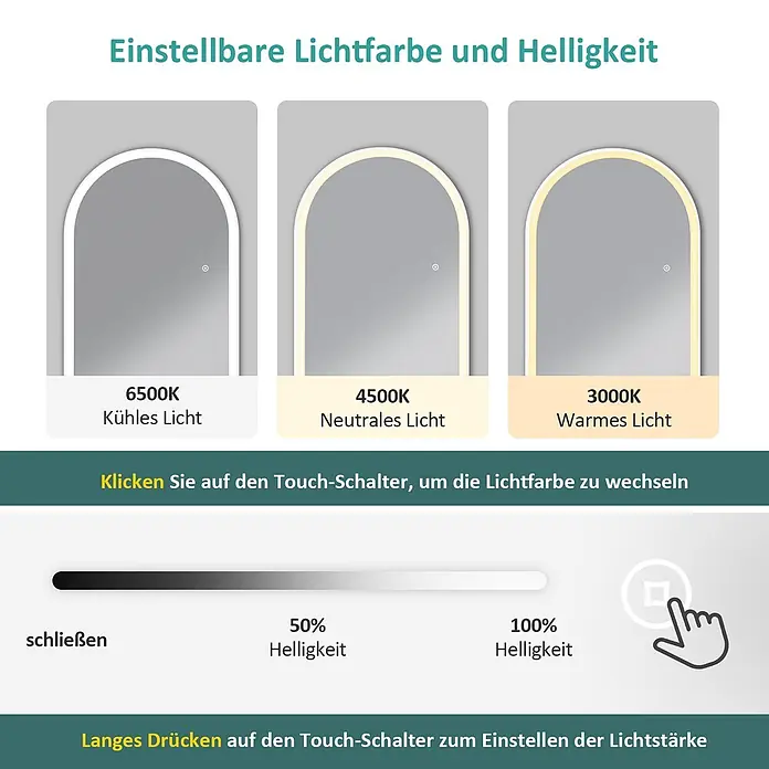 Emke Standspiegel FM06 - Glas - Drei gewölbte Spiegel mit einstellbarem LED-Licht in kühlen, neutralen und warmen Tönen, mit Helligkeitsregelung für verschiedene Intensitäten.