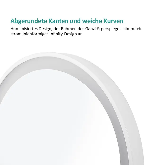 Emke Standspiegel FM06 - Glas - Weißer, abgerundeter Rahmen eines Ganzkörperspiegels mit weichen Kurven und Infinity-Design.