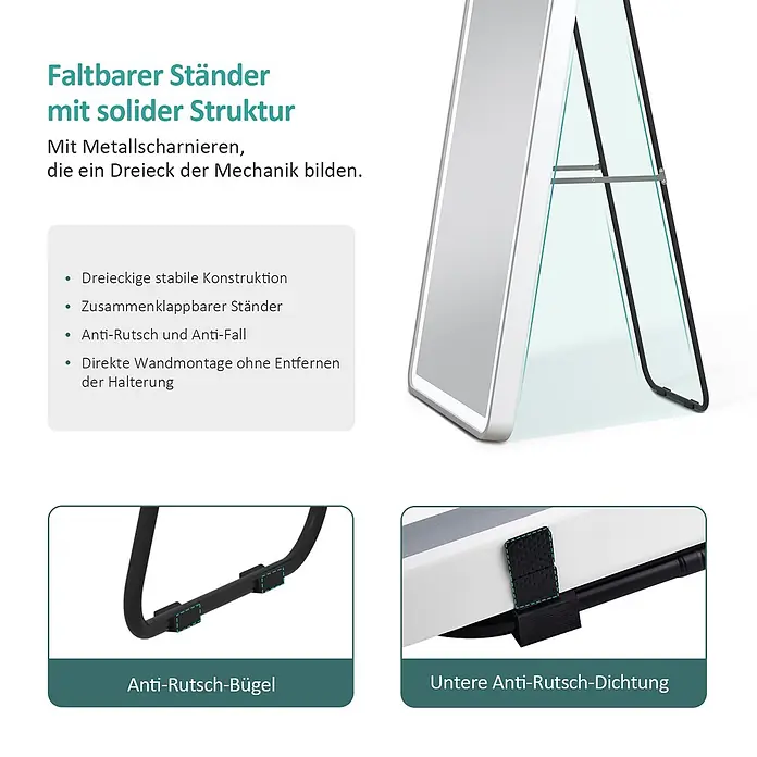 Emke Standspiegel FM06 - Glas - Faltbarer A-Rahmen-Ständer in Silber mit schwarzen Anti-Rutsch-Elementen und stabiler Dreieckskonstruktion.