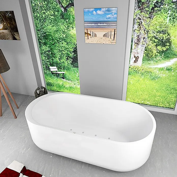 AcquaVapore Freistehende Badewanne Fertigdusche F16-170 - Acryl, Weiß - Weiße freistehende Badewanne mit integrierten Düsen in einem hellen, modernen Badezimmerambiente.