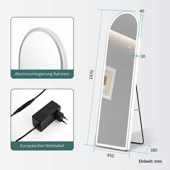 Emke Standspiegel FM06 - Glas - Stehender LED-Spiegel mit Aluminiumrahmen, Maßen und europäischem Netzkabel.