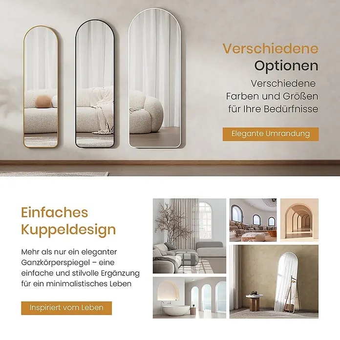 Emke Standspiegel FM07 - Glas - Drei bogenförmige Ganzkörperspiegel mit gold-, schwarz- und weißfarbenen Rahmen, die einen Raum spiegeln.