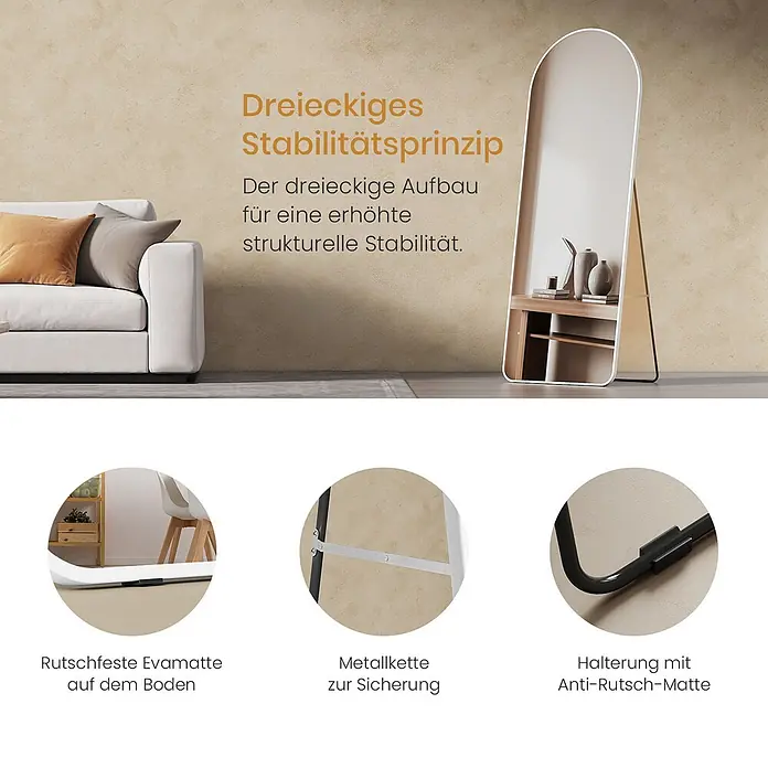 Emke Standspiegel FM07 - Glas - Ganzkörperspiegel mit Regal im Wohnzimmer. Zeigt dreieckiges Stabilitätsprinzip, rutschfeste Matte, Metallkette und Anti-Rutsch-Halterung.