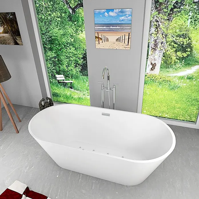 AcquaVapore Freistehende Badewanne Fertigdusche F11-170-AF03 - Acryl, Weiß - Weiße freistehende Badewanne mit integrierten Düsen und einer bodenstehenden Chromarmatur.