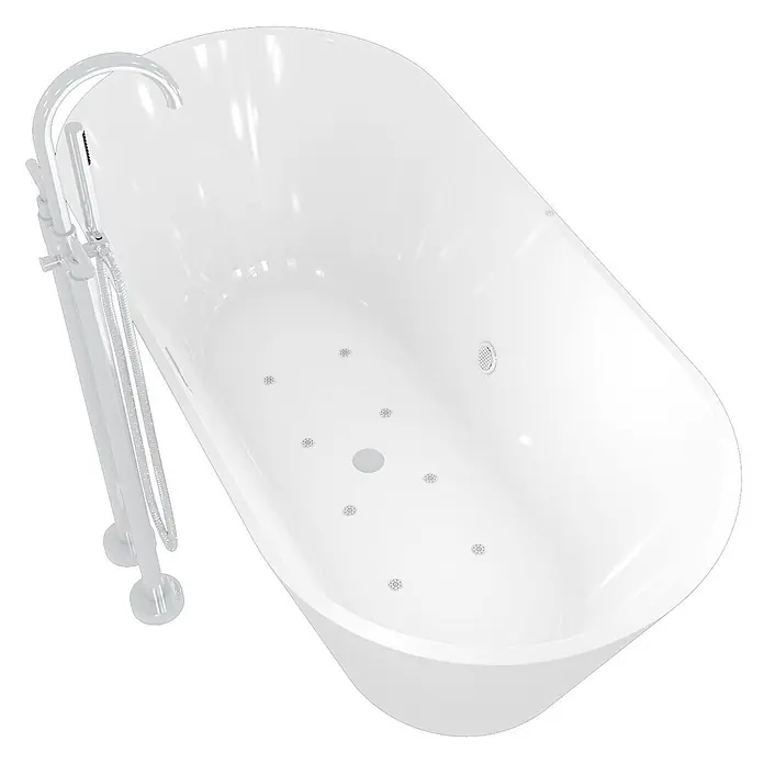 AcquaVapore Freistehende Badewanne Fertigdusche F11-170-AF03 - Acryl, Weiß - Weiße freistehende Whirlpool-Badewanne mit Bodenarmatur und Handbrause.