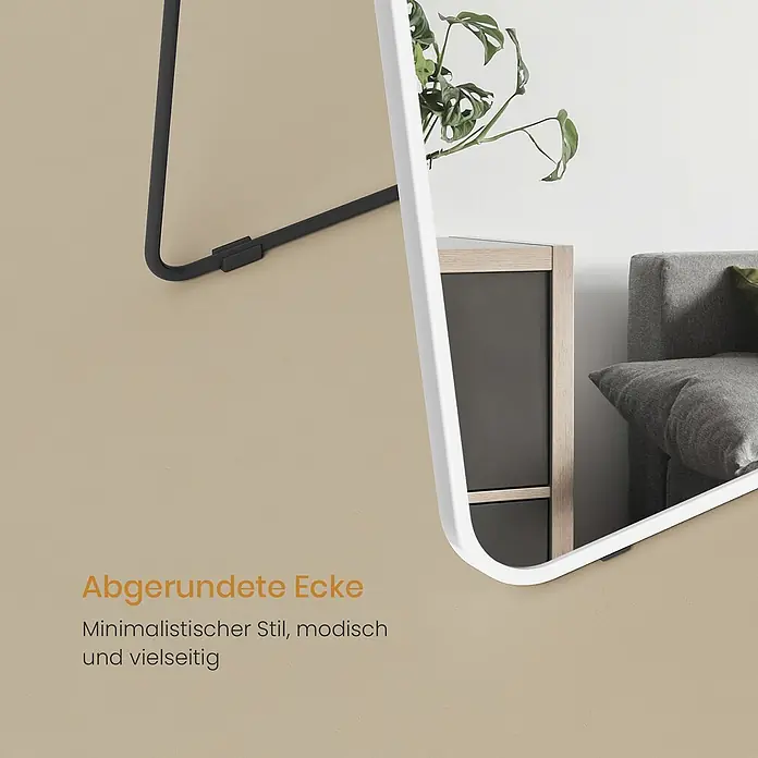 Emke Standspiegel FM07 - Glas - Weißer Spiegel mit abgerundeten Ecken und schwarzem Ständer, reflektiert einen Raum.