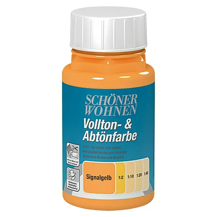 SCHÖNER WOHNEN-Farbe Vollton- & Abtönfarbe - Signalgelb, Matt, 125 ml - Ein Fläschchen Schöner Wohnen Vollton- & Abtönfarbe in Signalgelb, ideal zum Malen und Basteln im Innen- und Außenbereich.