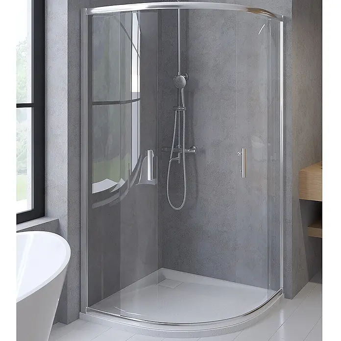 Bad Land Eckdusche - 80 x 80 x 190 cm, Beschichtet, Silber, Stärke: 6 mm - Viertelkreis-Duschkabine mit Klarglas, Chromrahmen und weißer Duschwanne in modernem Bad.