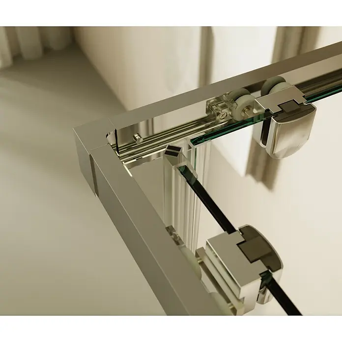 i-flair Eckdusche DK77MF80x90 - Beschichtet, Silber, Stärke: 6 mm - Verchromter Duschkabinenrahmen mit Klarglas und Schiebetürrollen, Detail obere Ecke.