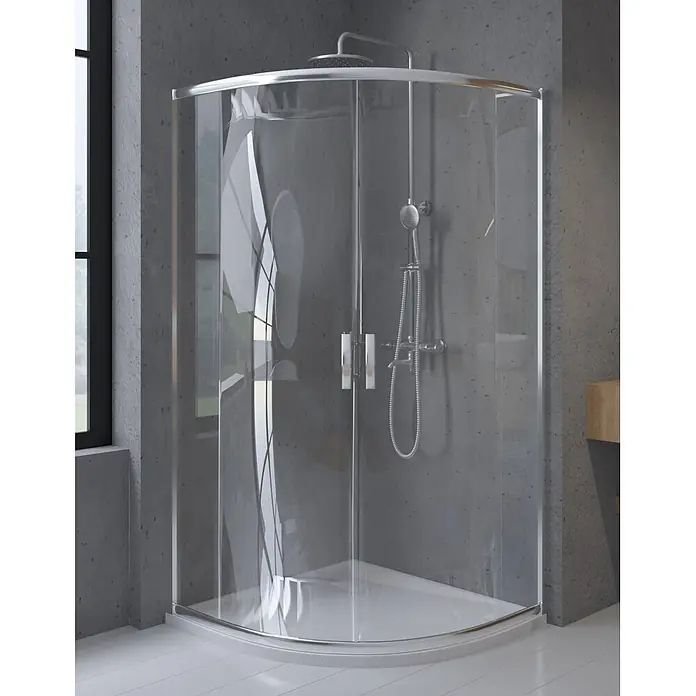 Bad Land Eckdusche HELA Duschkabine Viertelkreis 90 x 90 x 190 cm Chrom, 6 mm Klarglas, Nano - Beschichtet, Silber, Stärke: 6 mm - Gebogene Glasduschkabine mit Chromrahmen, Doppelschiebetüren, weißer Wanne und integriertem Duschsystem.