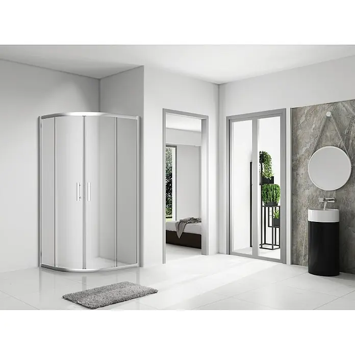 Bad Land Eckdusche HELA Duschkabine Viertelkreis 90 x 90 x 190 cm Chrom, 6 mm Klarglas, Nano - Beschichtet, Silber, Stärke: 6 mm - Gekrümmte Eckduschkabine mit Klarglastüren und Chromrahmen, in einem modernen Badezimmer gezeigt.