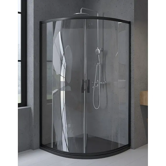 Bad Land Eckdusche HELA Duschkabine Viertelkreis 80 x 80 x 190 cm Schwarz, 6 mm Klarglas, Nano - Beschichtet, Schwarz, Stärke: 6 mm - Schwarz gerahmte gebogene Duschkabine mit transparenten Glastüren und dunkler Duschwanne in einem modernen Badezimmer.