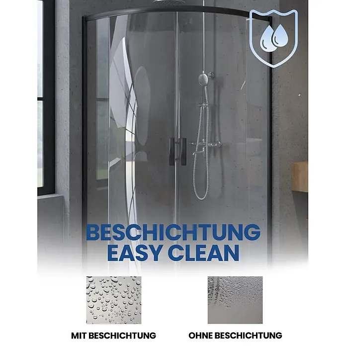 Bad Land Eckdusche HELA Duschkabine Viertelkreis 80 x 80 x 190 cm Schwarz, 6 mm Klarglas, Nano - Beschichtet, Schwarz, Stärke: 6 mm - Geschwungene Duschkabine mit dunklen Profilen und Easy-Clean-Glasbeschichtung. Zeigt Wasserabperlung vs. Streifenbildung.