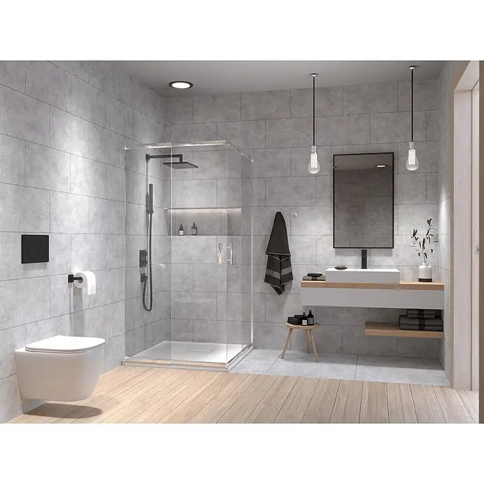 Bad Land Eckdusche - 90 x 90 x 190 cm, Beschichtet, Silber, Stärke: 6 mm - Ein modernes, grau gefliestes Badezimmer mit Glasdusche, Wand-WC und schwebendem Holzwaschtisch mit weißem Waschbecken.