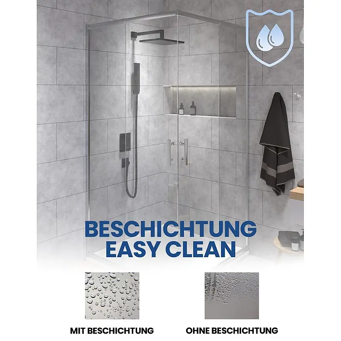 Bad Land Eckdusche - 90 x 90 x 190 cm, Beschichtet, Silber, Stärke: 6 mm - Glas-Duschkabine mit Easy-Clean-Beschichtung, veranschaulicht durch Wassertropfen und -streifen auf Glas.