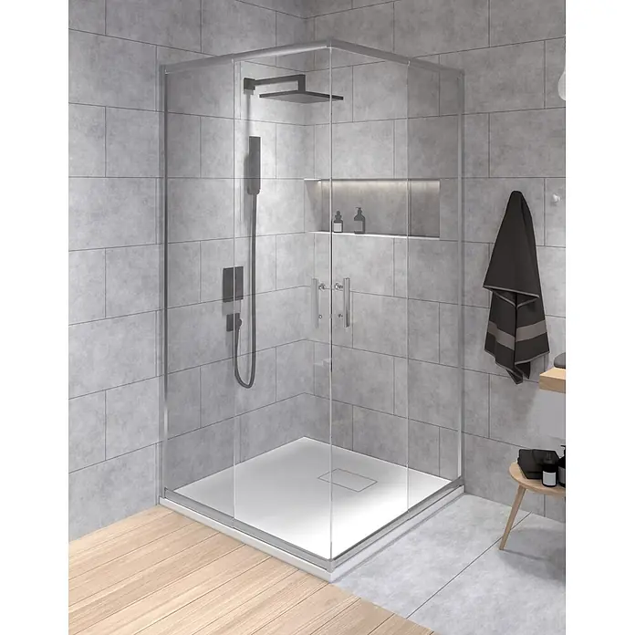 Bad Land Eckdusche - 90 x 90 x 190 cm, Beschichtet, Silber, Stärke: 6 mm - Moderne Eckduschkabine mit Klarglaswänden und Chromrahmen, in einem gefliesten Bad mit Regendusche und Nische.
