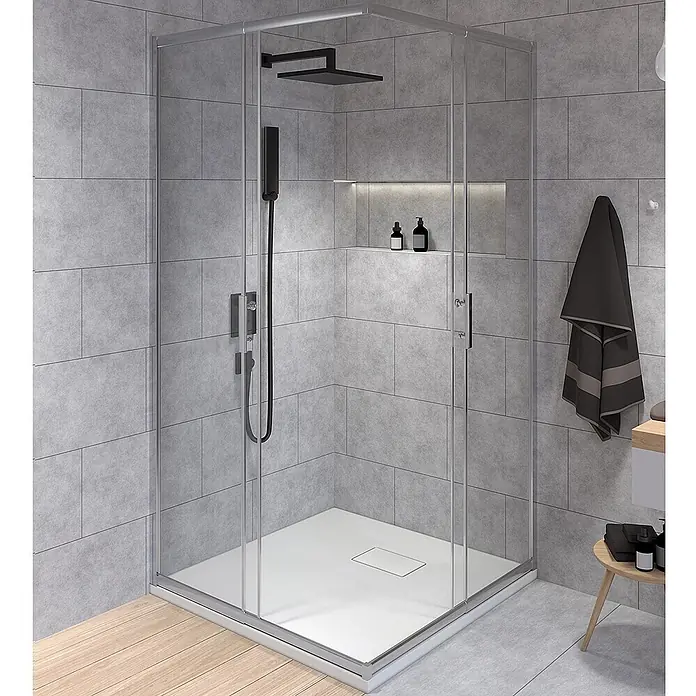 Bad Land Eckdusche - 90 x 90 x 190 cm, Beschichtet, Silber, Stärke: 6 mm - Moderne Eckduschkabine mit Klarglas, Silberrahmen, weißer Duschwanne und schwarzen Armaturen.