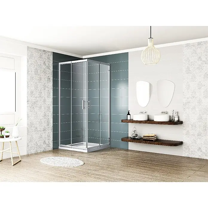 Bad Land Eckdusche - 90 x 90 x 190 cm, Beschichtet, Silber, Stärke: 6 mm - Eckduschkabine mit Klarglaspaneelen und silbernem Rahmen, Schiebetüren, in einem modernen Badezimmer installiert.