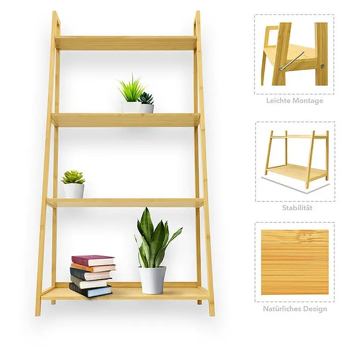 Floordirekt Holzregal Bambus Samia - H x B x T: 96,7 x 95,8 x 28 cm, Anzahl Böden: 4 Stk., Schrauben, Bambus - Ein 4-etagiges Leiterregal aus hellem Bambusholz, gefüllt mit Topfpflanzen und Büchern.
