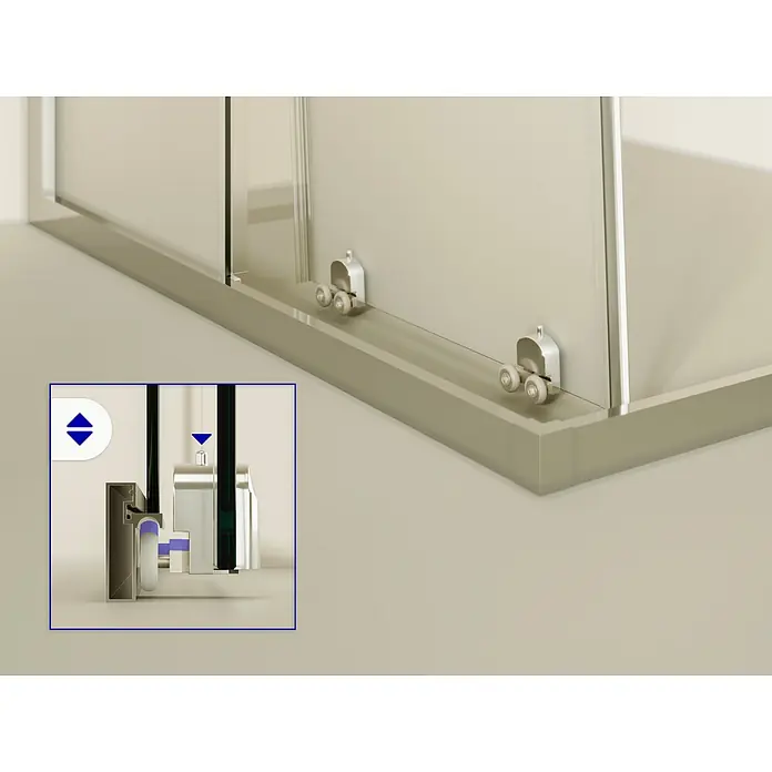 i-flair Eckdusche DK77FR80x90 - Beschichtet, Silber, Stärke: 6 mm - Gleittür-Duschkabinen-Rollen und Schienensystem, Detailansicht mit Höheneinstellung für die Glasplatte.