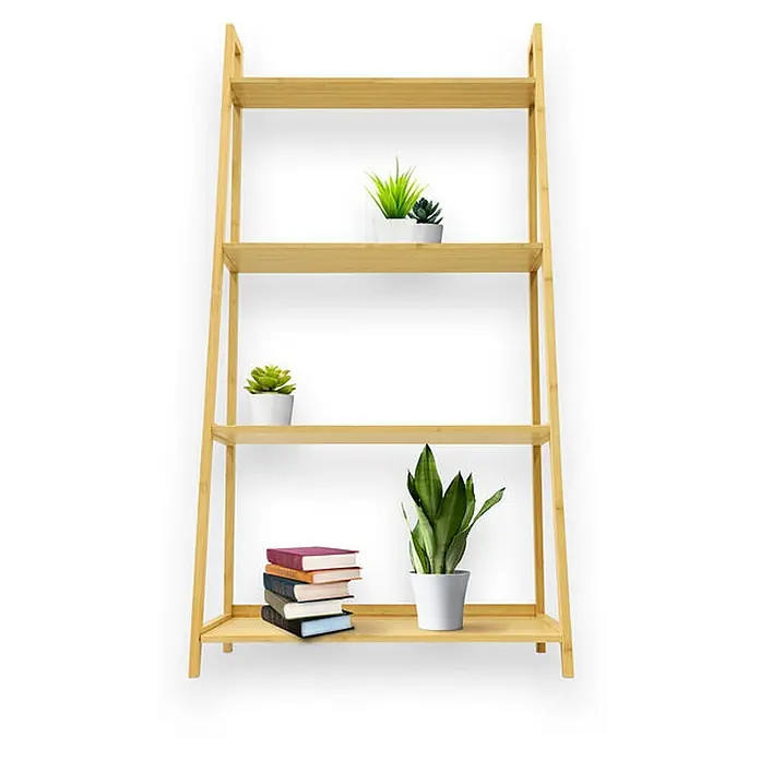 Floordirekt Holzregal Bambus Samia - H x B x T: 96,7 x 95,8 x 28 cm, Anzahl Böden: 4 Stk., Schrauben, Bambus - Vierstufiges Bambus-Leiterregal mit Topfpflanzen und Büchern.
