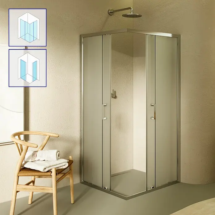i-flair Eckdusche DK77FR80x90 - Beschichtet, Silber, Stärke: 6 mm - Eckduschkabine mit mattierten Falttüren und silbernen Rahmen. Diagramme zeigen Türtypen.