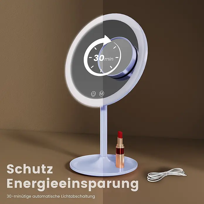 Emke Kosmetikspiegel CM03 - 20 x 35 cm, Rund, Hellblau - Hellblauer beleuchteter Schminkspiegel mit 30-Minuten-Auto-Off-Timer, Lippenstift und Ladekabel auf braunem Untergrund.
